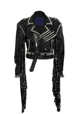 Men Black Silver Studded Brando Biker Cowhide Leather Jacket long Fringe Motorcycle Classic Vintage Style